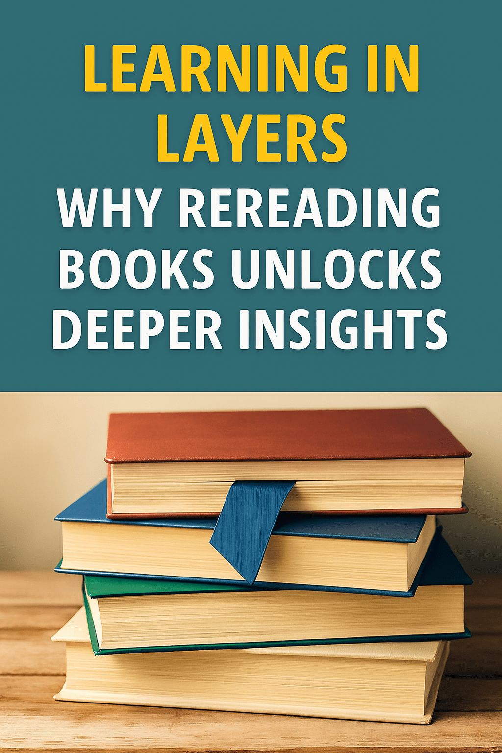 Featured image for a blog on rereading books showing a stack of colorful hardcover books arranged in layers on a wooden table, with bold text overlay reading ‘Learning in Layers: Why Rereading Books Unlocks Deeper Insights'