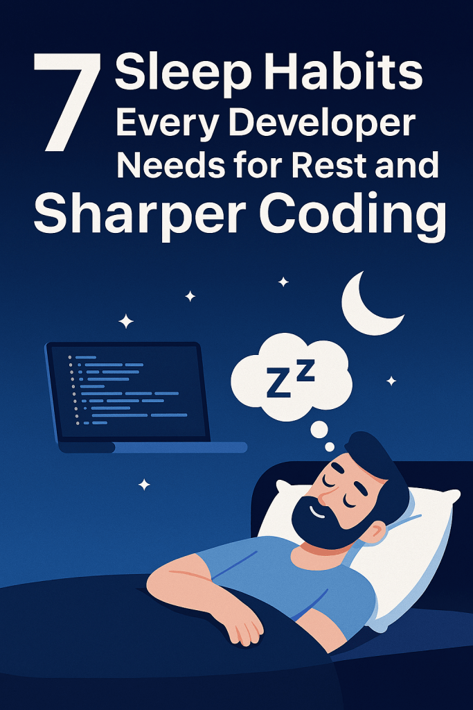 A developer sleeping with laptop in his dreams. The image has a title '7 Sleep Habits Every Developer Needs for Rest and Sharper Coding'.