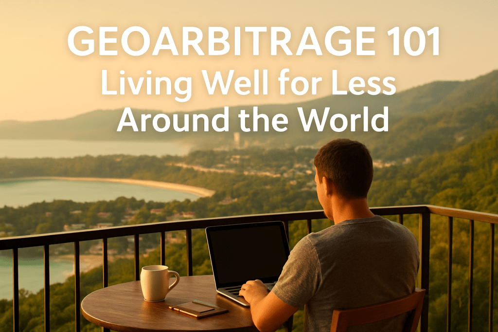 Remote worker with laptop overlooking scenic view, representing geoarbitrage lifestyle