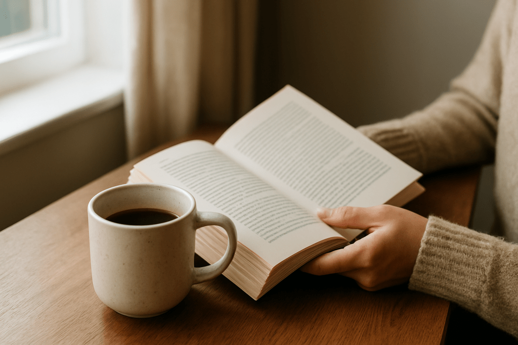 Person reading a book with a cup of coffee beside them
