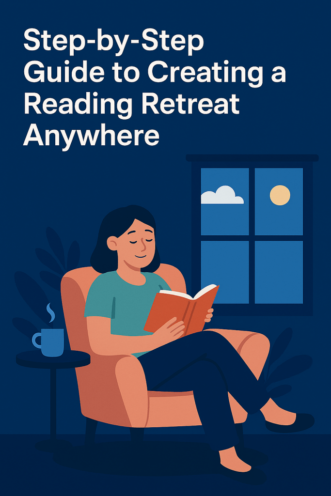 A woman reading a book sitting on a comfortable sofa. The coffee mug on the side table, a cloud and sun being seen from the window sets the tone of the image to be serene. The title of the image reads 'Step-by-step guide to creating a reading retreat anywhere'