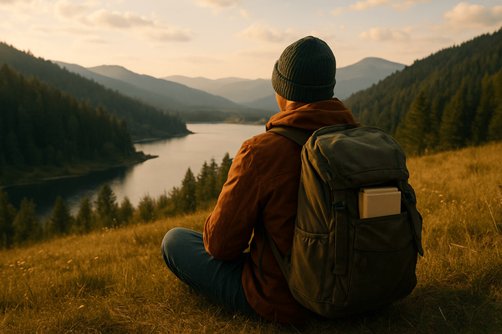 A calming, scenic view with  someone on a hike, looking away from the camera and a physical book/journal on their bag.