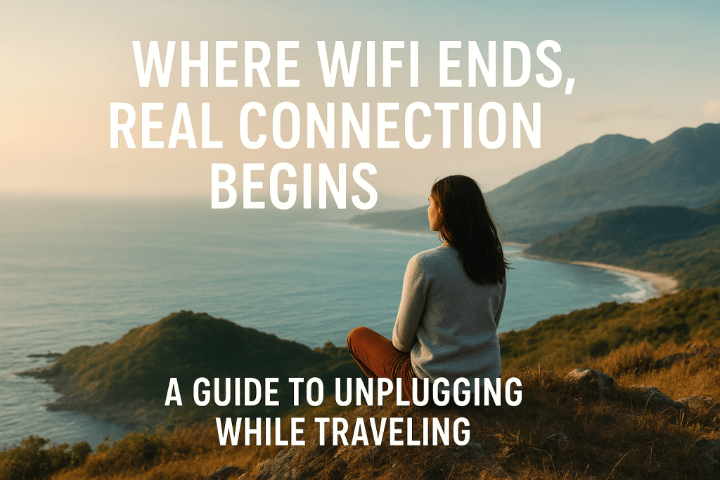 A woman sitting calmly over hill stop facing an ocean. The title reads "Where WiFi ends, real connection begins", followed by subtitle "A guide to unplugging while traveling"