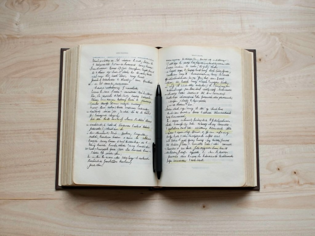 Minimalist top-down flat lay, open book with handwritten notes and margin highlights, a black ink pen resting across the page, warm natural light casting soft shadows, cozy and creative atmosphere, photorealistic, high detail, sharp focus.