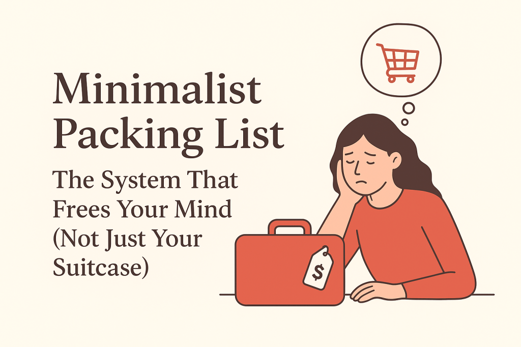 Flat-style digital illustration with the title “Minimalist Packing List: The System That Frees Your Mind (Not Just Your Suitcase)” on the left. On the right, a woman sits with her head resting on her hand, looking stressed beside a suitcase with a price tag. A thought bubble above her shows a shopping cart icon.