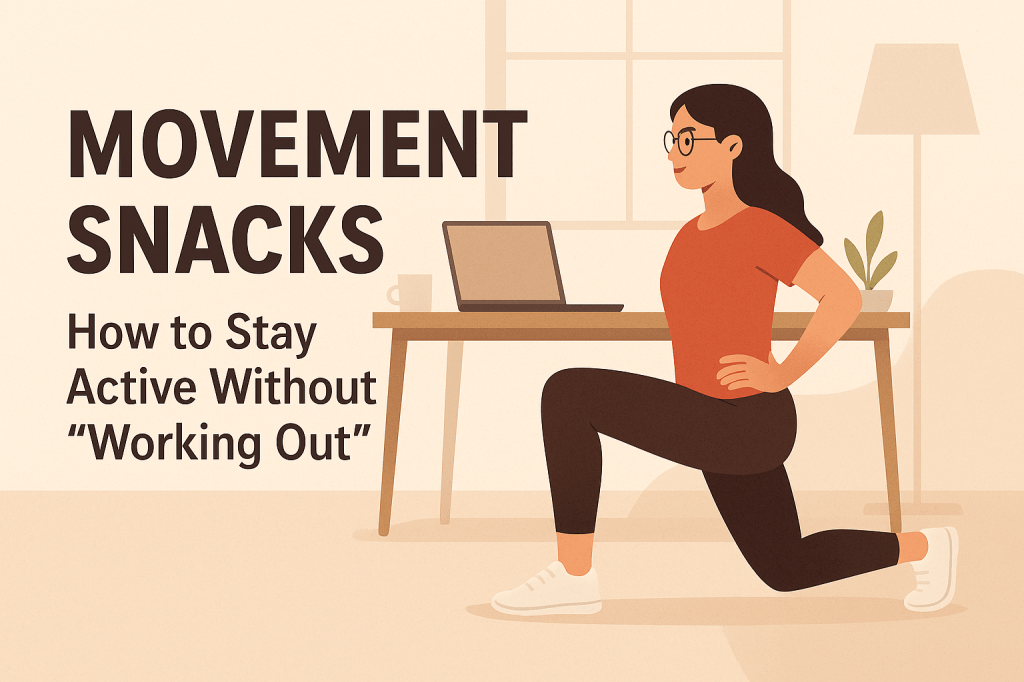 Illustration of a woman doing a lunge next to her desk with a laptop, representing the idea of movement snacks and staying active without working out.