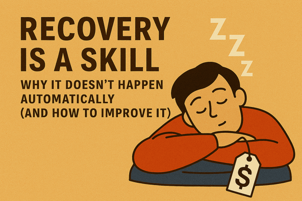 Illustration of a person resting with their head on folded arms atop a pillow, eyes closed peacefully. Above their head are stylized “Z” symbols indicating sleep. The background is warm beige with bold dark brown text that reads “Recovery Is a Skill: Why It Doesn’t Happen Automatically (And How to Improve It).” The image conveys the importance of intentional rest and recovery.