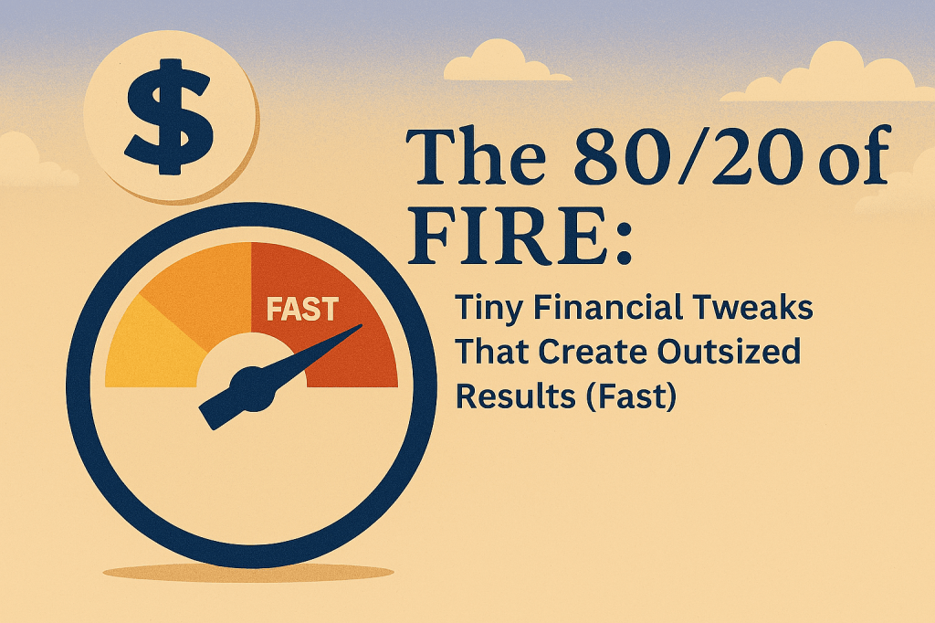 Illustration of a golden 80/20 ratio symbol at the center, surrounded by icons representing high-impact financial actions: a calendar with auto-transfer arrows, a piggy bank with coins, a house, a car, a grocery basket, and a rising investment chart. In the background, a person climbs a staircase made of coins toward a glowing horizon labeled “FIRE.” The color palette includes warm golds, deep blues, and energizing oranges, with the blog title “The 80/20 of FIRE: Tiny Financial Tweaks That Create Outsized Results (Fast)” displayed at the top in bold, modern font.