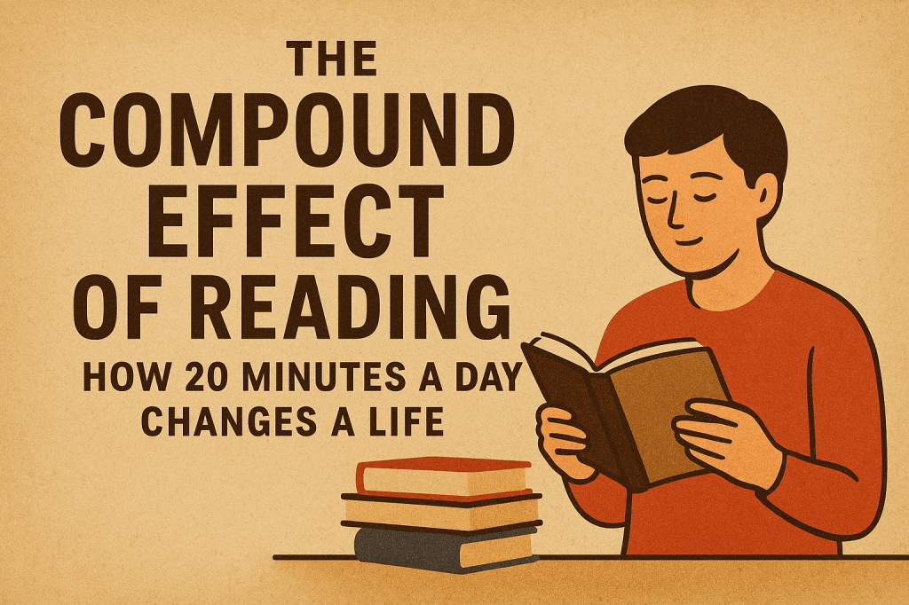 Illustration of a person reading a book with a calm expression, surrounded by a stack of books. The background is warm beige with bold text that reads “The Compound Effect of Reading: How 20 Minutes a Day Changes a Life.” The design emphasizes the power of consistent daily reading.