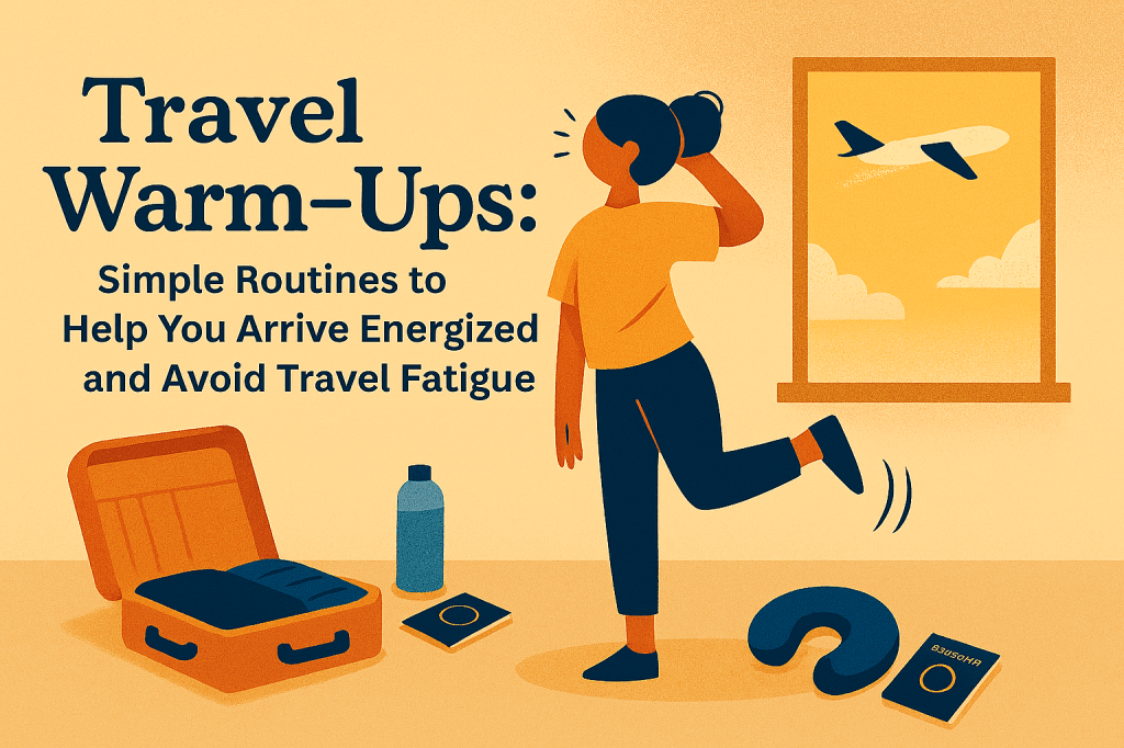 Illustration of a traveler in a sunlit room performing gentle stretches next to an open suitcase. The person is doing neck rolls and calf raises, with a water bottle, travel pillow, and passport placed nearby. A window in the background shows a plane taking off into a bright sky. The scene is calm and energizing, with warm lighting and soft colors. The blog title “Travel Warm-Ups: Simple Routines to Help You Arrive Energized and Avoid Travel Fatigue” appears at the top in a clean, modern font.