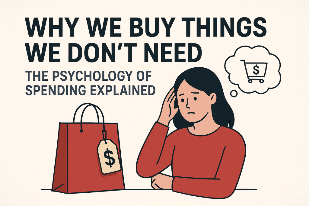 A flat-style illustration of a woman sitting at a table looking stressed while staring at a red shopping bag with a dollar tag. A thought bubble with a shopping cart and dollar sign appears above her head. Text on the image reads: “Why We Buy Things We Don’t Need — The Psychology of Spending Explained.”