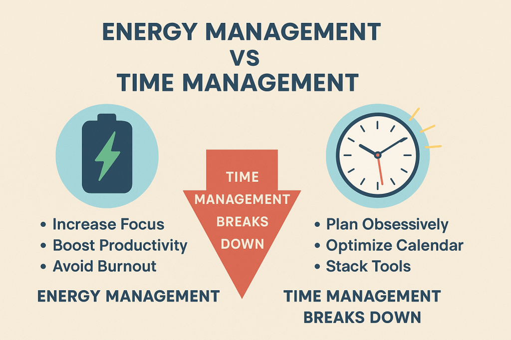 Landscape hero image comparing energy management and time management, showing energy management leading to increased focus, higher productivity, and burnout prevention, while time management emphasizes calendars and tools and breaks down when energy is low.
