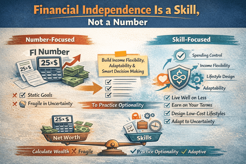 Landscape infographic titled “Financial Independence Is a Skill, Not a Number,” contrasting number-focused FIRE (25× expenses, static net worth, fragile plans) with skill-focused FIRE (spending control, income flexibility, lifestyle design, adaptability), emphasizing optionality and resilience over chasing a single financial target.