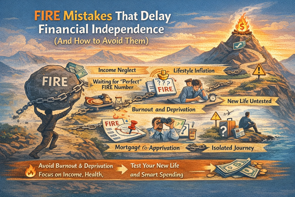 Landscape illustration showing the journey to financial independence as a mountain climb, highlighting common FIRE mistakes such as income neglect, lifestyle inflation, burnout, waiting for a perfect FIRE number, untested post-FIRE life, mortgage or asset lock-in, and isolation, with a clear path toward financial freedom at the summit.