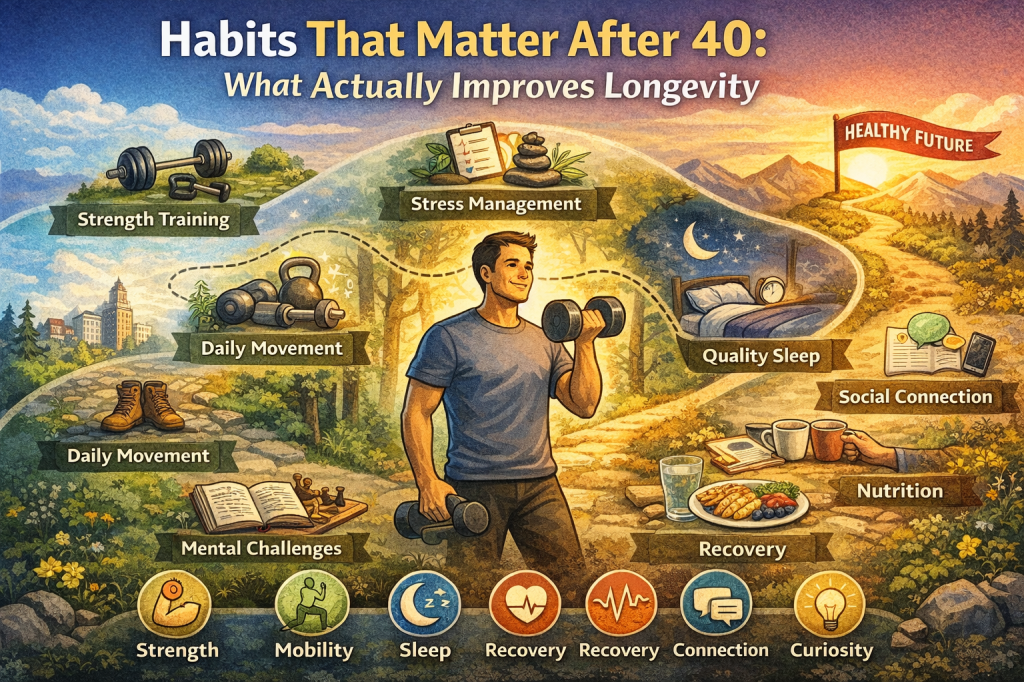 Illustration showing key longevity habits after 40, including strength training, daily movement, quality sleep, stress management, nutrition, recovery, social connection, and mental challenges, leading toward a healthy future.
