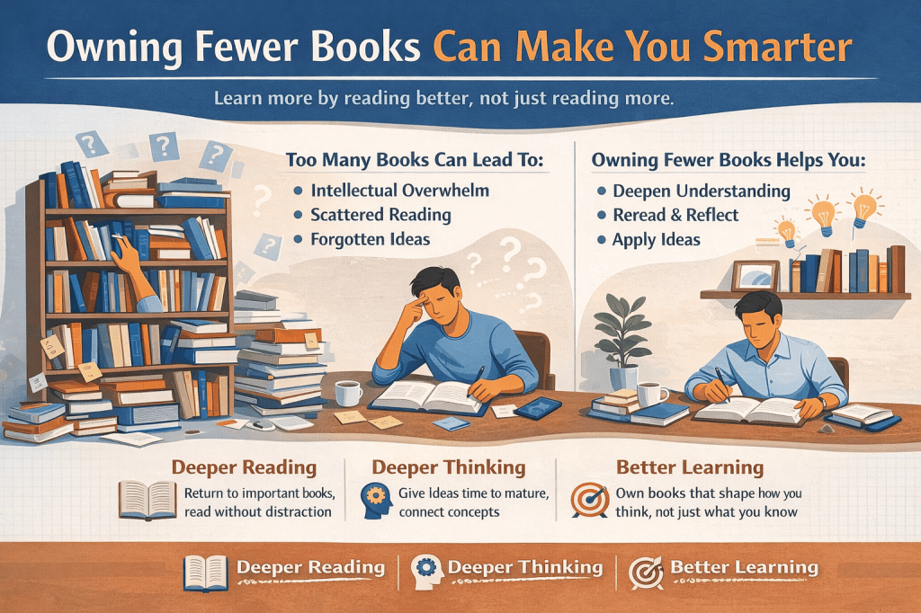 Landscape illustration explaining why owning fewer books can improve learning. The left side shows an overcrowded bookshelf and a distracted reader surrounded by stacks of books, representing intellectual overwhelm and scattered reading. The right side shows a calm, minimal workspace with a small curated shelf and a focused reader, representing deeper understanding, rereading, reflection, and applying ideas. The visual emphasizes deeper reading, deeper thinking, and better learning through intentional book ownership.
