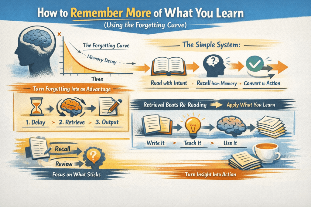 Landscape infographic illustrating how to remember more of what you learn using the forgetting curve, showing a memory decay graph over time, a simple learning system of read with intent, recall from memory, and convert to action, plus steps like delay, retrieve, output, and apply knowledge by writing, teaching, and using ideas.