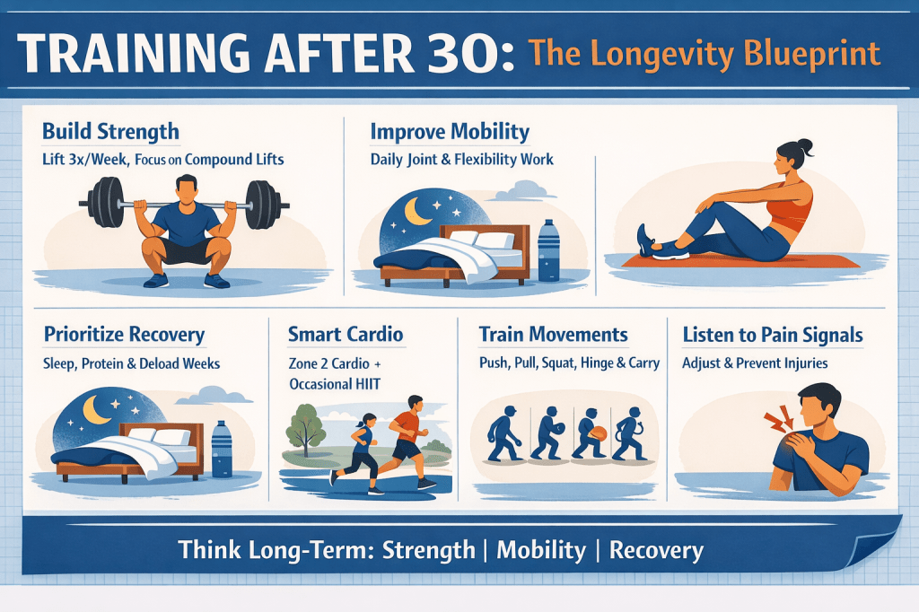 Landscape infographic titled “Training After 30: The Longevity Blueprint” summarizing key principles for long-term fitness. Sections illustrate building strength with compound lifts, improving mobility through daily joint work, prioritizing recovery with sleep and deload weeks, using smart cardio with mostly Zone 2 training, training fundamental movement patterns (push, pull, squat, hinge, carry), and listening to pain signals to prevent injury. The overall message emphasizes long-term strength, mobility, and recovery for healthy aging.
