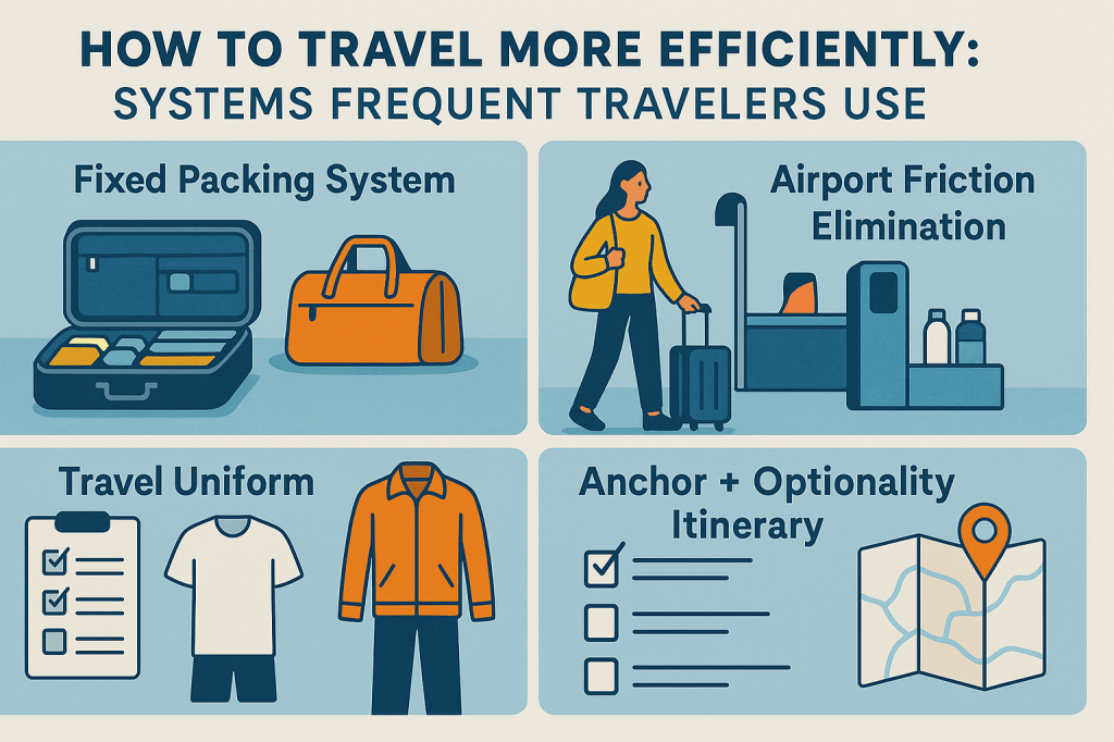 Illustration of a calm traveler walking through an airport with a carry-on bag, surrounded by icons representing efficient travel systems: a fixed packing kit, a simple travel uniform, arrival day reset, lodging criteria, airport calm strategies, first-hour routine, energy management, anchor itinerary, minimal digital tools, and return-home reset. The style is clean and minimalistic, using soft tones to convey ease and reduced friction.
