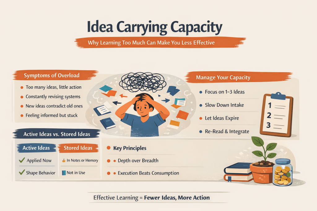 Landscape infographic titled ‘Idea Carrying Capacity: Why Learning Too Much Can Make You Less Effective.’ It shows symptoms of information overload, compares active ideas versus stored ideas, and lists ways to manage idea capacity such as focusing on 1–3 ideas, slowing intake, letting ideas expire, and rereading to integrate. The visual emphasizes depth over breadth and that effective learning means fewer ideas and more action.