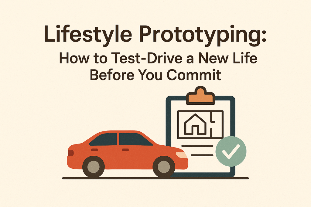 An illustrated hero image showing a red car beside a clipboard with a house plan and a green checkmark, with the title “Lifestyle Prototyping: How to Test-Drive a New Life Before You Commit” displayed above on a beige background.