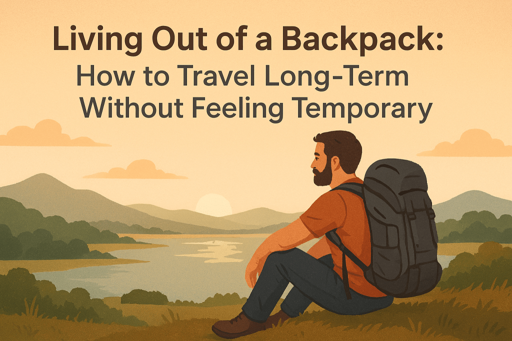 A minimalist traveler sits surrounded by serene mountains and trees. He is wearing a large backpack, symbolizing intentional mobility. Warm natural light bathes the scene, evoking a sense of stability, routine, and grounded living while on the move.