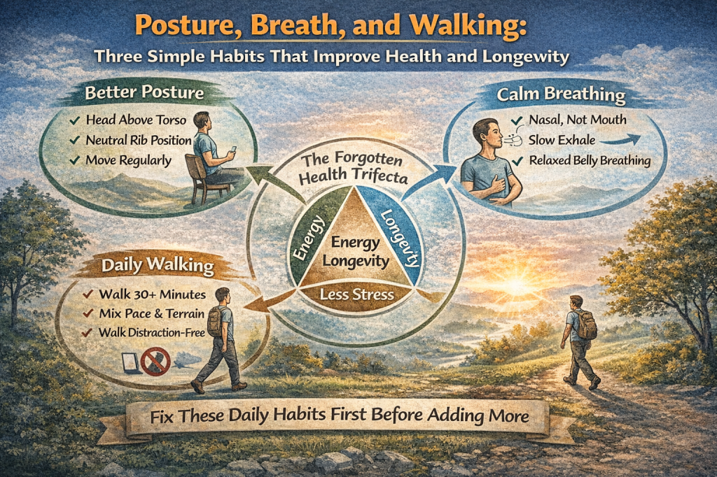Landscape infographic titled “Posture, Breath, and Walking: Three Simple Habits That Improve Health and Longevity,” showing the “Forgotten Health Trifecta” as a triangle connecting better posture, calm breathing, and daily walking, with icons and tips highlighting increased energy, reduced stress, and improved longevity.
