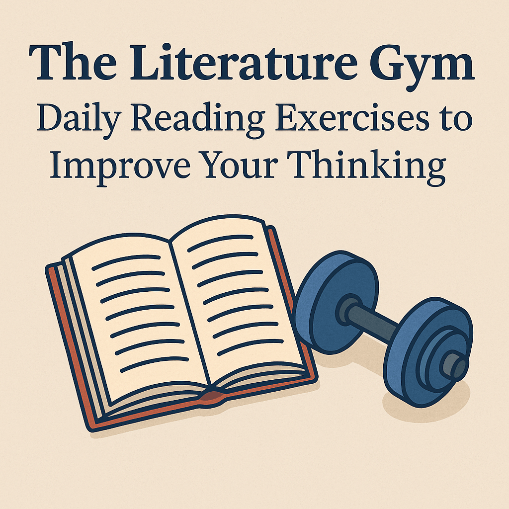 An illustrated hero image showing an open book next to a dumbbell, with the title “The Literature Gym: Daily Reading Exercises to Improve Your Thinking” displayed above on a beige background.