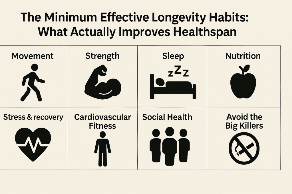 Landscape hero image titled 'The Minimum Effective Longevity Habits' featuring minimalist icons representing key healthspan habits: walking for movement, flexed arm for strength, bed with 'Z's for sleep, apple for nutrition, head with lightning bolt for stress recovery, heart with heartbeat line for cardiovascular fitness, human silhouette for body composition, group of people for social health, and crossed-out cigarette for avoiding harmful habits. Clean design with bright, uplifting colors and modern style.