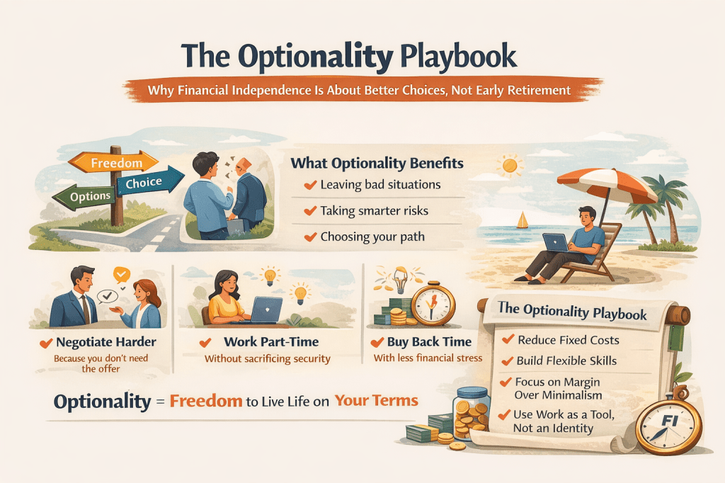 Landscape infographic titled ‘The Optionality Playbook: Why Financial Independence Is About Better Choices, Not Early Retirement.’ The visual shows how financial independence creates freedom and options, including leaving bad situations, taking smarter risks, negotiating harder, working part-time, and buying back time. It highlights principles like reducing fixed costs, building flexible skills, focusing on margin, and using work as a tool rather than an identity, emphasizing optionality as freedom to live life on your own terms.