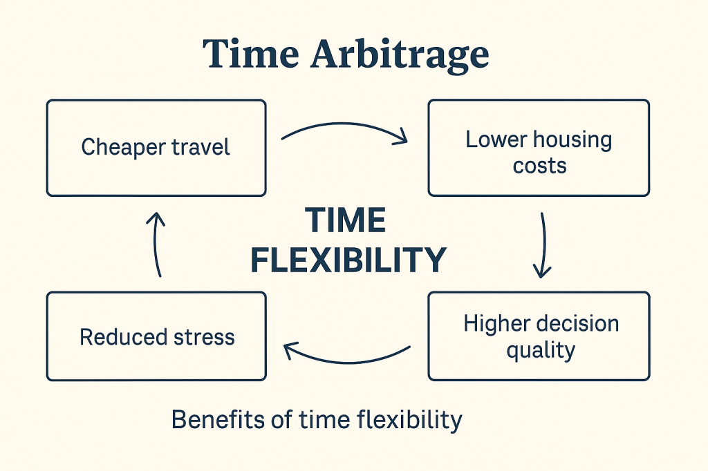Landscape diagram titled “Time Arbitrage” showing time flexibility at the center, connected in a loop to four benefits: cheaper travel, lower housing costs, higher decision quality, and reduced stress, illustrating how flexible schedules improve financial and lifestyle outcomes.