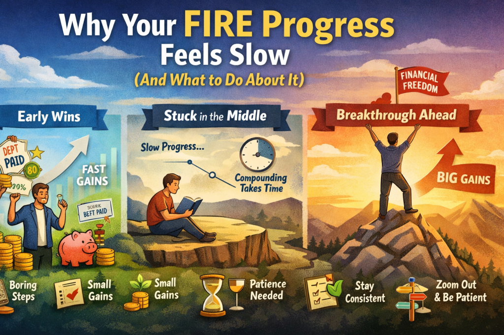 Illustration showing the FIRE journey in three stages - early financial wins, a slow middle phase where progress feels stalled, and a future breakthrough with financial freedom - emphasizing patience, consistency, and long-term compounding.