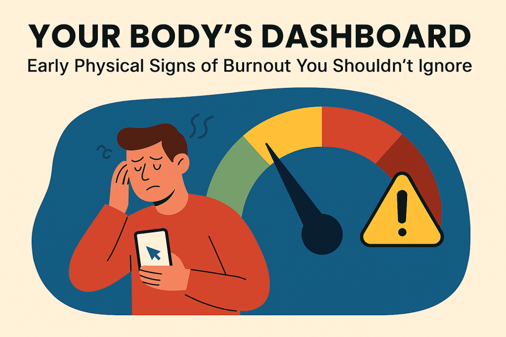 Illustration of a fatigued man sitting with his hand pressed to his temple, eyes closed and brow furrowed, symbolizing burnout. Behind him is a large dashboard-style gauge with green, yellow, and red segments, and a needle pointing to the yellow zone. A yellow warning triangle with an exclamation mark appears next to the gauge. The background is beige at the top and dark blue at the bottom, with the title "Your Body’s Dashboard: Early Physical Signs of Burnout You Shouldn’t Ignore" displayed above.