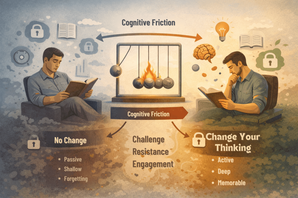 Illustrated infographic showing two readers: on the left, a passive reader whose thinking remains unchanged, and on the right, an engaged reader whose thinking evolves. Between them, a visual metaphor of “cognitive friction” shows resistance and challenge transforming shallow reading into deep understanding, insight, and long-term memory.