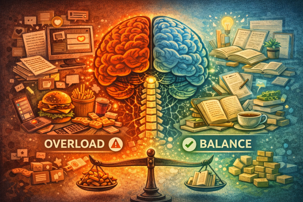 Split illustration of a human brain showing information overload on one side - surrounded by screens, notifications, and junk food - and cognitive balance on the other, with books, calm light, and a balanced scale, representing how information quality matters more than quantity.