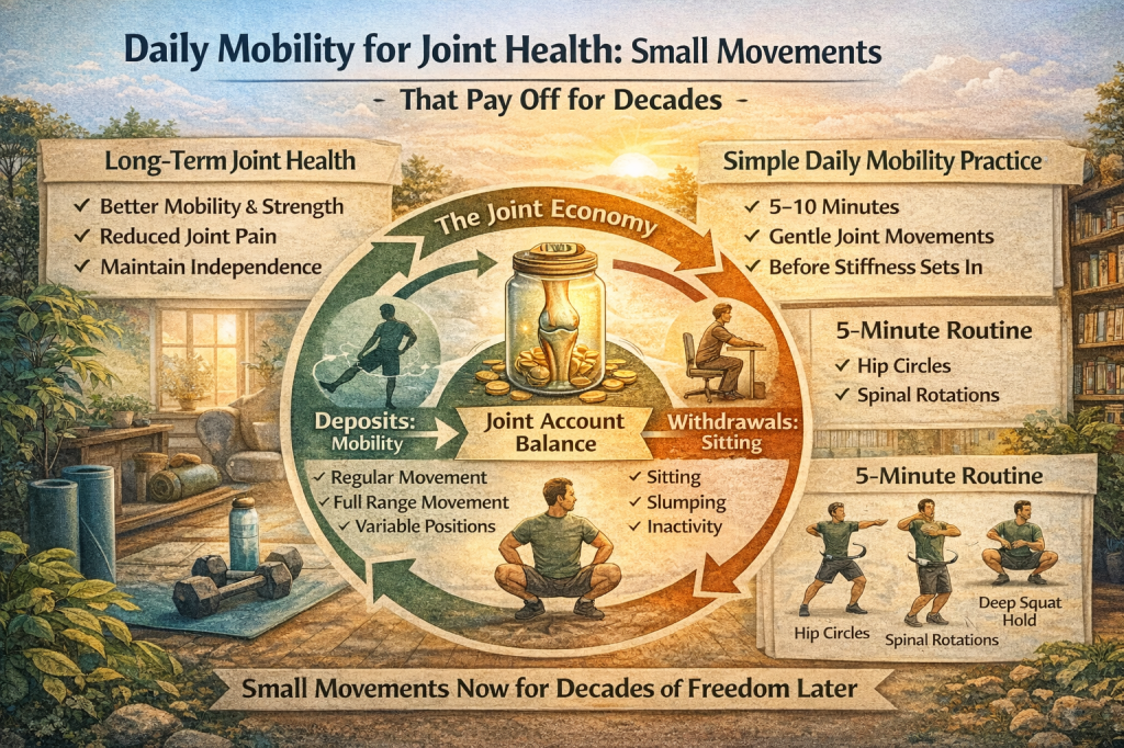 Landscape infographic illustrating daily mobility for long-term joint health. At the center, a ‘Joint Economy’ diagram shows a joint stored in a jar like savings, with arrows representing deposits (regular movement, full-range motion, varied positions) and withdrawals (sitting, slumping, inactivity). Surrounding panels highlight benefits such as reduced joint pain, better mobility, and independence, alongside a simple 5-minute daily routine with hip circles, spinal rotations, and deep squat holds - emphasizing how small daily movements compound over decades.