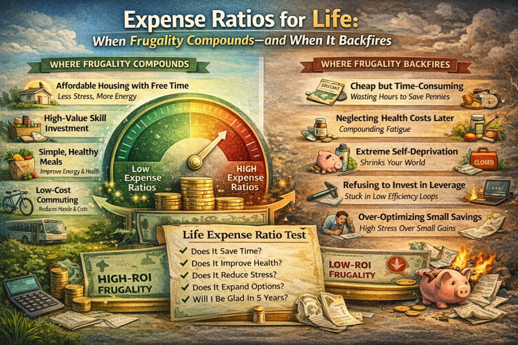 Landscape infographic titled “Expense Ratios for Life: When Frugality Compounds—and When It Backfires,” showing a central gauge comparing low vs high life expense ratios. The left side illustrates high-ROI frugality—affordable housing, simple healthy meals, skill investment, and low-stress commuting—while the right side shows where frugality backfires, including time-wasting cheap choices, neglected health, extreme self-deprivation, and over-optimizing small savings.