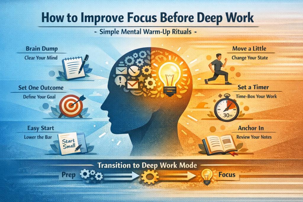 Landscape infographic illustrating mental warm-up rituals for deep work. A central head silhouette transitions from scattered icons to a glowing lightbulb, representing focus. Surrounding icons show steps like brain dump, setting one outcome, starting small, light movement, time-boxing with a timer, and reviewing notes—summarizing how to prepare the mind for deep, focused work.