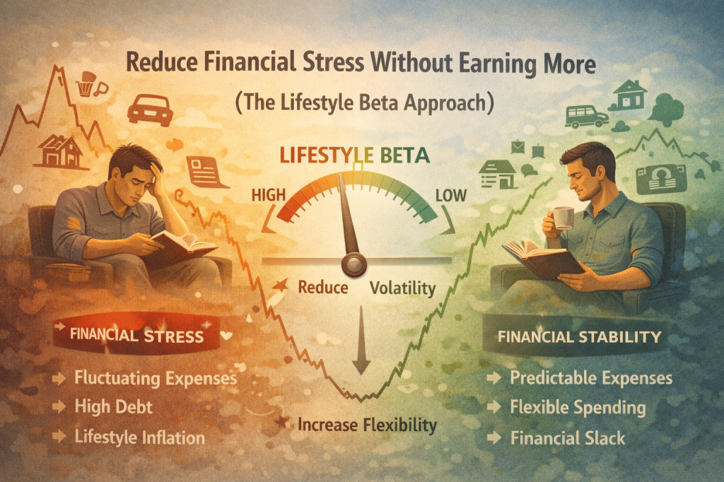 Landscape illustration contrasting two lifestyles: on the left, a stressed person surrounded by volatile expenses, debt, and lifestyle inflation; on the right, a calm person with predictable expenses, flexible spending, and financial slack. At the center, a gauge labeled “Lifestyle Beta” shows the shift from high volatility to low volatility, illustrating how reducing lifestyle sensitivity lowers financial stress without earning more.