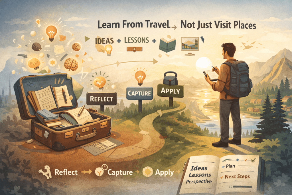 Landscape illustration showing a traveler on a scenic hillside reflecting and writing in a notebook, connected by a winding path to an open suitcase filled with books and glowing lightbulbs. Icons and signs labeled “Reflect,” “Capture,” and “Apply” illustrate how travel experiences turn into ideas, lessons, and perspective—emphasizing learning from travel, not just visiting places.