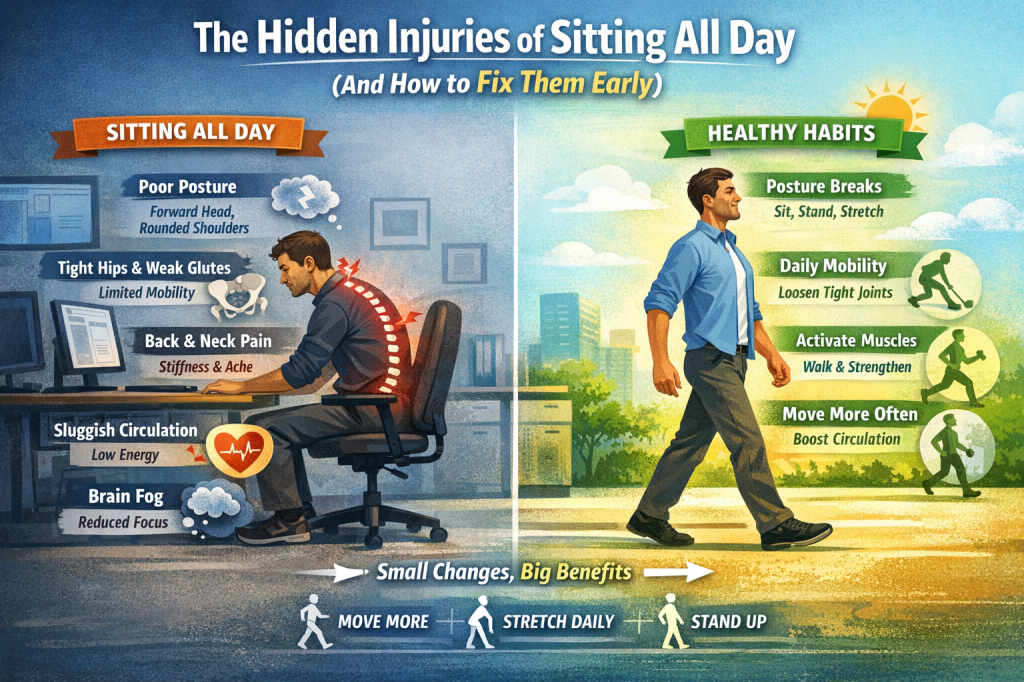 Illustration showing the contrast between sitting all day and healthy movement habits: on the left, a desk worker with poor posture, rounded shoulders, back and neck pain, tight hips, low energy, and brain fog; on the right, the same person walking upright outdoors, representing posture breaks, daily mobility, muscle activation, improved circulation, and better focus.
