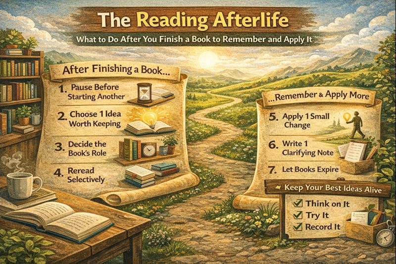 Landscape hero illustration titled ‘The Reading Afterlife: What to Do After You Finish a Book to Remember and Apply It.’ A warm, illustrated scene shows a desk with books and notes on the left and a winding path through green hills on the right, symbolizing ideas carrying forward into life. Infographic panels outline post-reading steps such as pausing before the next book, choosing one key idea, deciding the book’s role, rereading selectively, applying one small change, writing a clarifying note, and letting books expire, emphasizing turning reading into lasting insight and action.