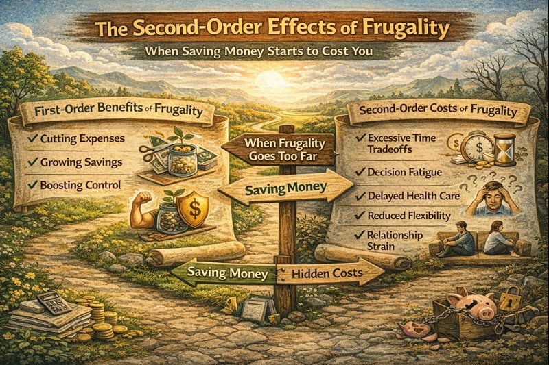 Landscape infographic-style illustration titled ‘The Second-Order Effects of Frugality: When Saving Money Starts to Cost You.’ A central signpost divides two paths: one bright and flourishing path showing first-order benefits like cutting expenses, growing savings, and financial control, and a darker path showing second-order costs such as excessive time tradeoffs, decision fatigue, delayed healthcare, reduced flexibility, and relationship strain. The image visually represents how frugality can help at first but create hidden costs when taken too far.