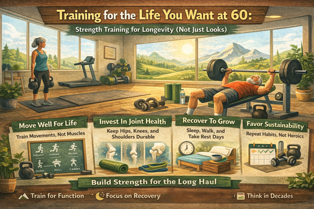 Landscape illustration showing older adults strength training in a bright gym with a scenic mountain view, emphasizing longevity-focused fitness. One person performs a farmer’s carry and another bench presses, while visual panels highlight principles like moving well for life, investing in joint health, prioritizing recovery, and favoring sustainable training habits. The image reinforces training for function, durability, and long-term health rather than appearance.
