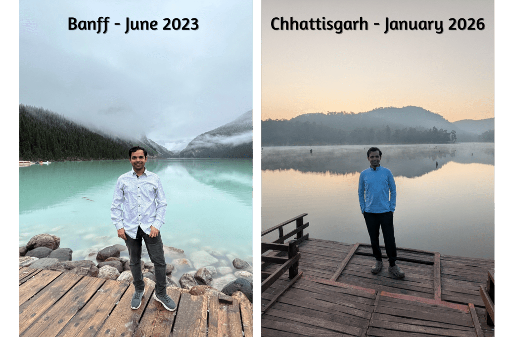 A collage of 2 photos showing the author's picture from Banff in June 2023 in left and the photo on right is his photo from Chhattisgarh in January 2026. The two photos have a striking similarity.