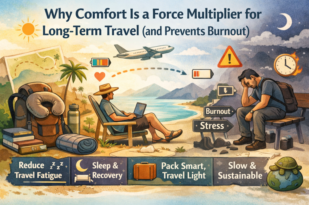 Split landscape illustration showing two long-term travel paths: on the left, a relaxed traveler resting comfortably with light gear, good sleep, and stable energy; on the right, an exhausted traveler slumped under a heavy backpack with low battery icons and burnout signs, illustrating how comfort prevents travel fatigue and burnout during long-term travel.