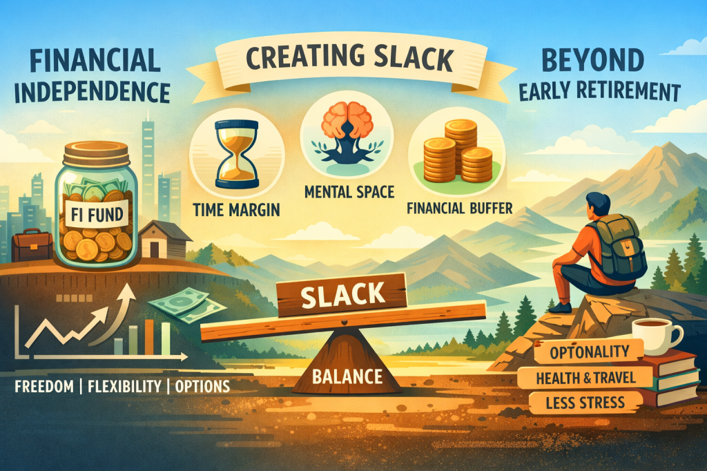 Illustration summarizing Financial Independence and the concept of slack. A person sits on a rock overlooking mountains, symbolizing freedom and optionality. On the left, a jar labeled 'FI Fund' represents financial independence, with charts and cash icons. Above, three icons depict 'Time Margin' (hourglass), 'Mental Space' (brain-tree), and 'Financial Buffer' (stacked coins) under a banner reading 'Creating Slack.' A balance beam labeled 'Slack' highlights equilibrium, while signs on the right show 'Optionality,' 'Health & Travel,' and 'Less Stress,' emphasizing life beyond early retirement.