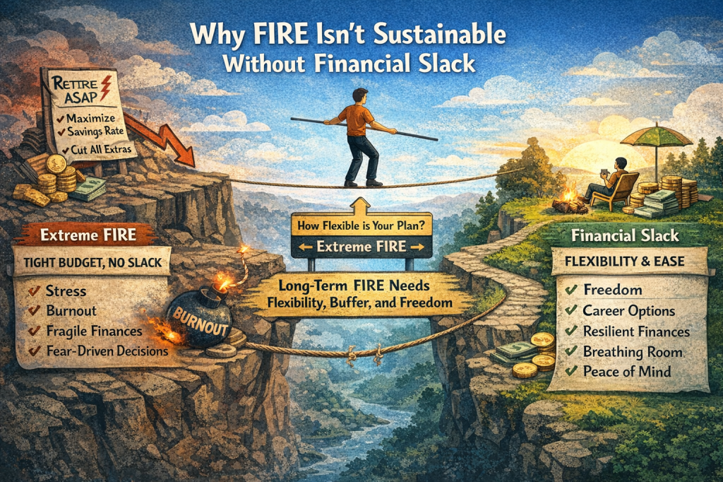 Landscape illustration comparing two FIRE paths: on the left, “Extreme FIRE” shows a stressed person balancing on a tightrope with a tight budget, burnout, and fragile finances; on the right, “Financial Slack” shows a relaxed person enjoying freedom, flexibility, and resilient finances, highlighting that sustainable FIRE requires breathing room and optionality.