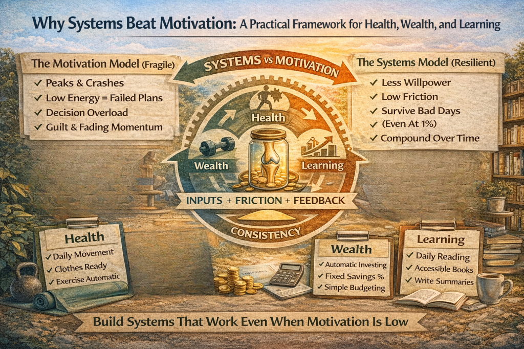 Landscape infographic comparing systems versus motivation for long-term success in health, wealth, and learning. The center shows a circular system labeled ‘Inputs + Friction + Feedback’ driving consistency, with icons for health (daily movement), wealth (automatic investing), and learning (daily reading). On the left, the motivation model highlights peaks and crashes, decision overload, and guilt. On the right, the systems model emphasizes low friction, less willpower, resilience on bad days, and compounding progress over time.