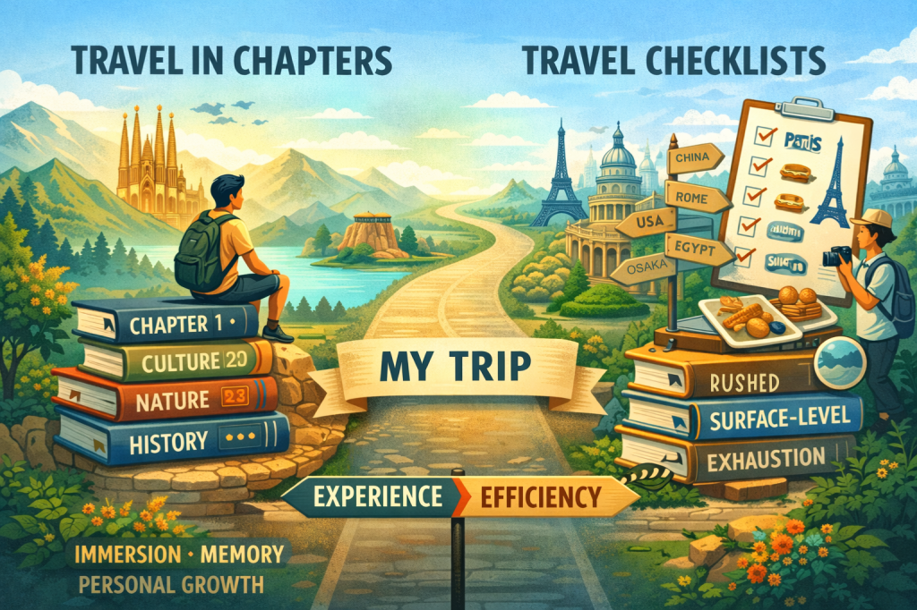 Landscape illustration comparing two travel styles. On the left, a relaxed traveler sits on stacked books labeled culture, nature, and history, overlooking mountains, water, and a winding path, representing travel in chapters and immersive experiences. On the right, a rushed traveler follows a checklist of famous sights like China and Rome, standing next to books labeled rushed, surface-level, and exhaustion. A central path labeled ‘My Trip’ balances experience versus efficiency, illustrating why chapter-based travel creates deeper memories than checklist travel.